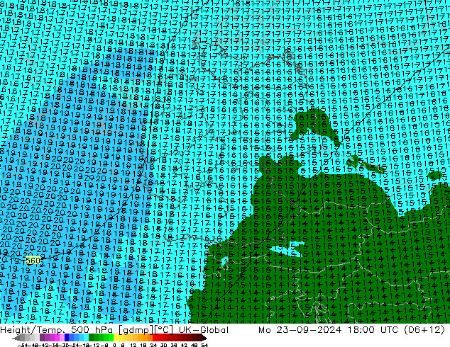 Height/Temp. 500 hPa UK-Global Mo 23.09.2024 18 UTC