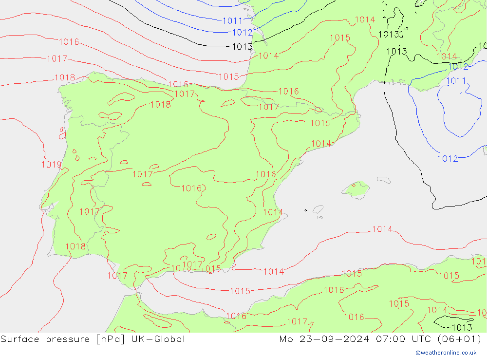 Surface pressure UK-Global Mo 23.09.2024 07 UTC