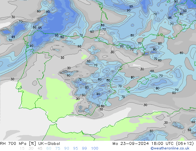 RH 700 hPa UK-Global Mo 23.09.2024 18 UTC