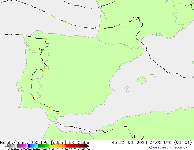 Height/Temp. 950 hPa UK-Global pon. 23.09.2024 07 UTC