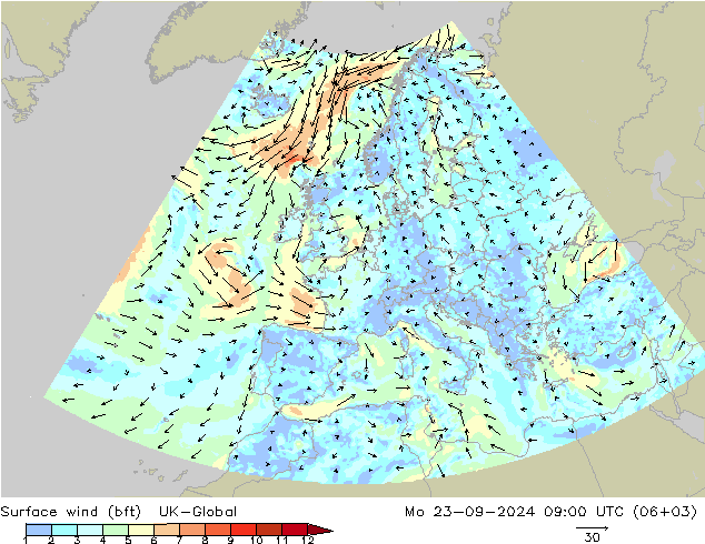 Surface wind (bft) UK-Global Mo 23.09.2024 09 UTC