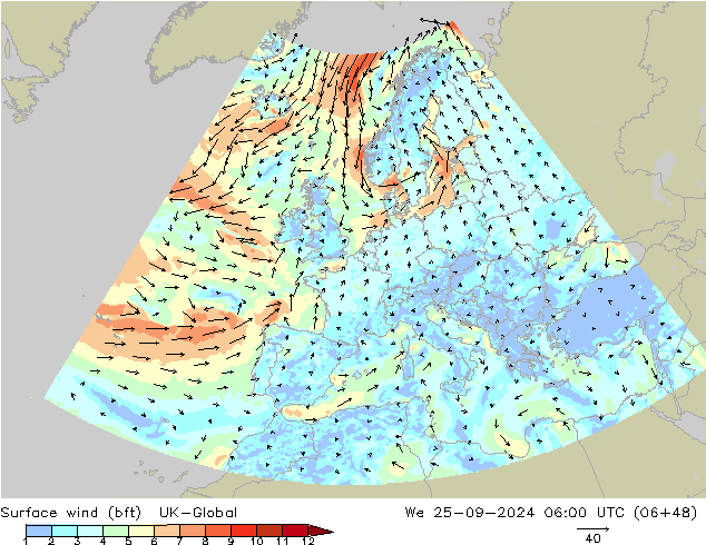 Wind 10 m (bft) UK-Global wo 25.09.2024 06 UTC