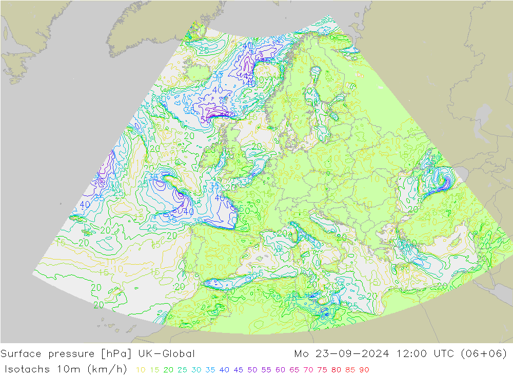 Isotachs (kph) UK-Global Mo 23.09.2024 12 UTC