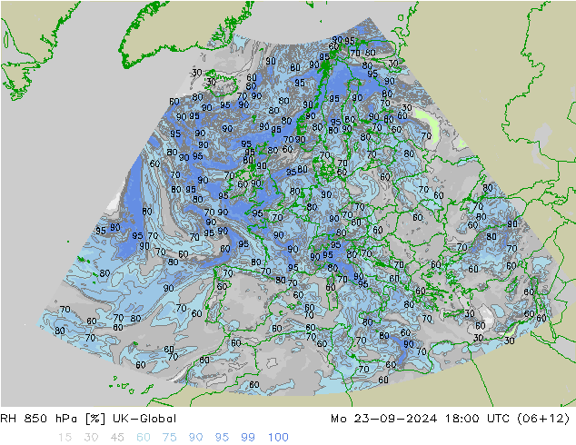 RH 850 hPa UK-Global Mo 23.09.2024 18 UTC