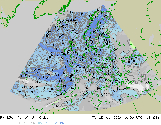 RH 850 hPa UK-Global śro. 25.09.2024 09 UTC