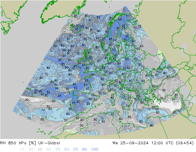 RH 850 hPa UK-Global 星期三 25.09.2024 12 UTC