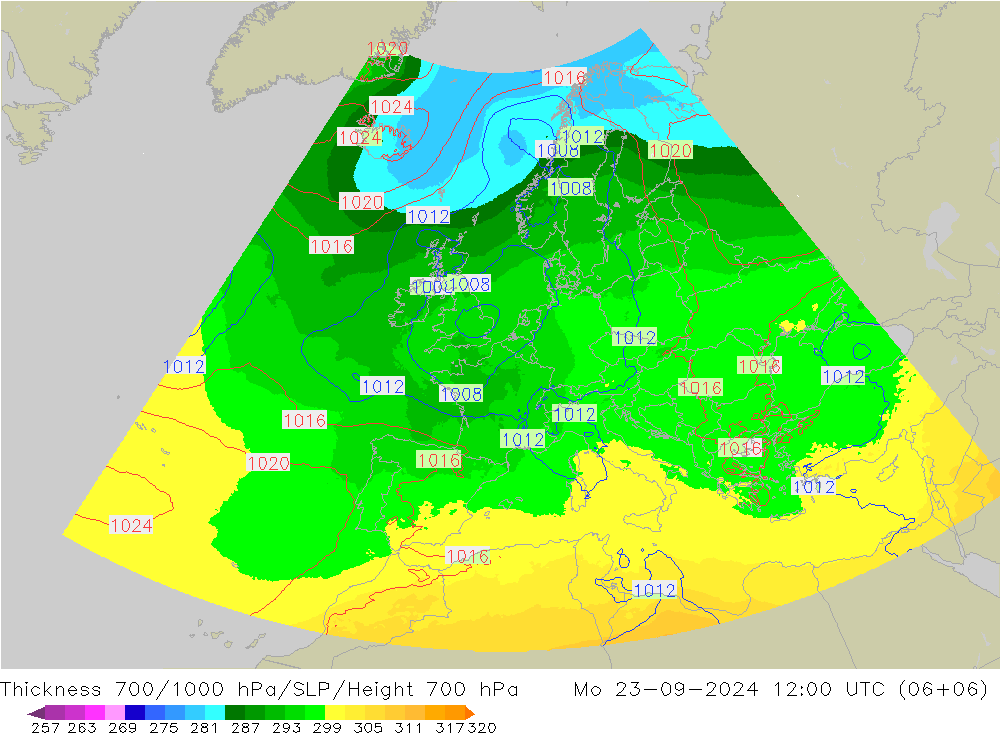 Thck 700-1000 hPa UK-Global lun 23.09.2024 12 UTC