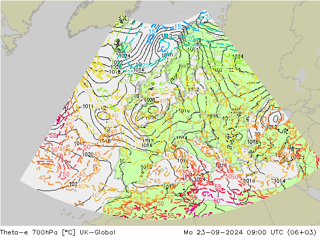 Theta-e 700гПа UK-Global пн 23.09.2024 09 UTC