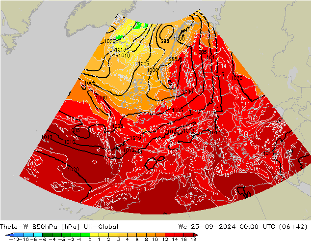 Theta-W 850hPa UK-Global wo 25.09.2024 00 UTC