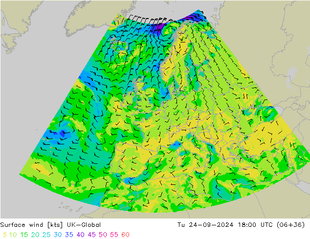 Surface wind UK-Global Tu 24.09.2024 18 UTC