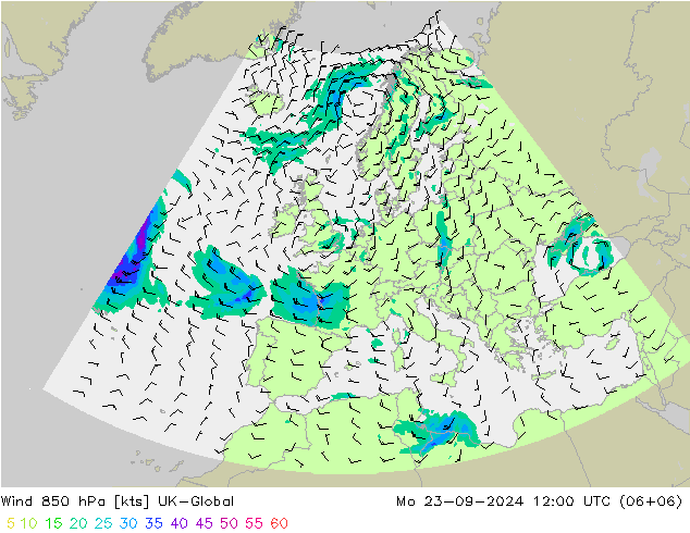 Wind 850 hPa UK-Global Mo 23.09.2024 12 UTC