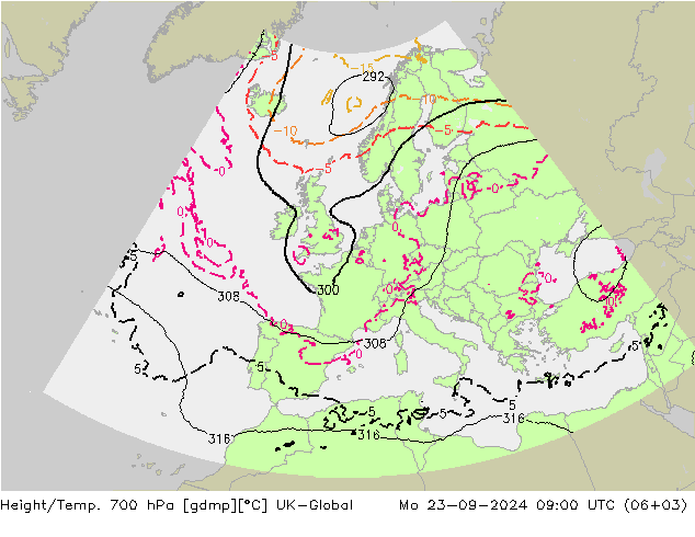 Height/Temp. 700 hPa UK-Global pon. 23.09.2024 09 UTC