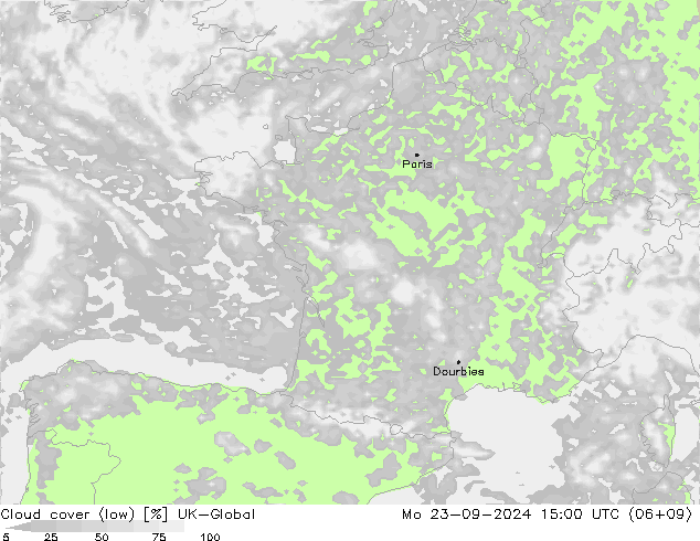 Cloud cover (low) UK-Global Mo 23.09.2024 15 UTC