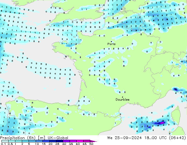 Precipitation (6h) UK-Global St 25.09.2024 00 UTC