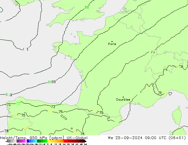 Height/Temp. 950 hPa UK-Global We 25.09.2024 09 UTC