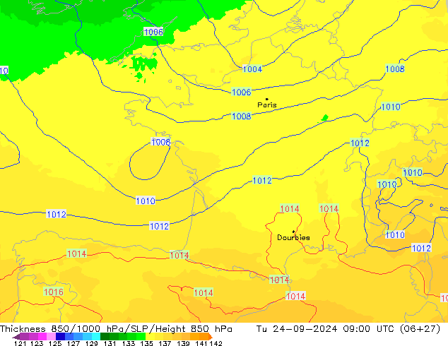 Dikte 850-1000 hPa UK-Global di 24.09.2024 09 UTC