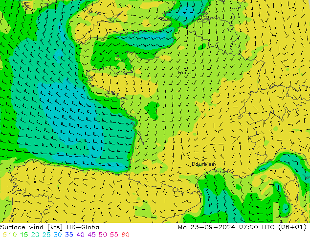 Vent 10 m UK-Global lun 23.09.2024 07 UTC