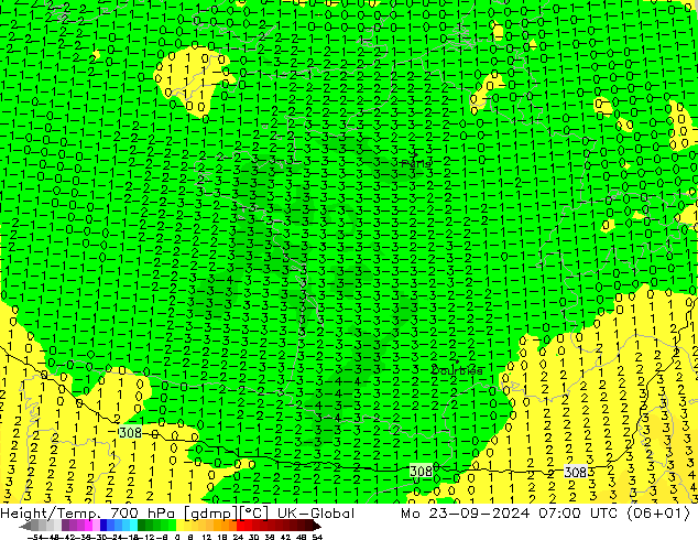 Height/Temp. 700 hPa UK-Global  23.09.2024 07 UTC