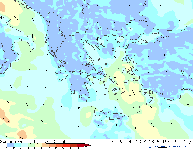 Surface wind (bft) UK-Global Mo 23.09.2024 18 UTC