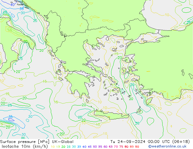 Isotachs (kph) UK-Global mar 24.09.2024 00 UTC