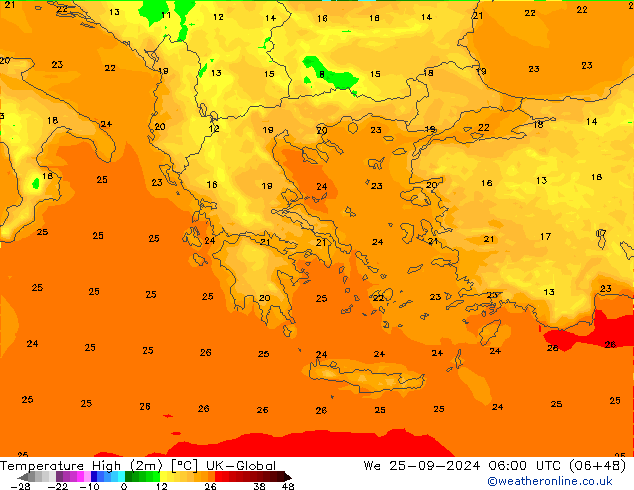 Max. Temperatura (2m) UK-Global śro. 25.09.2024 06 UTC