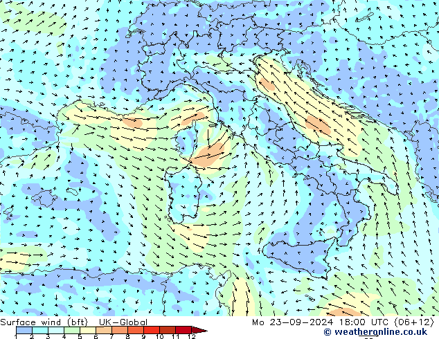 Viento 10 m (bft) UK-Global lun 23.09.2024 18 UTC