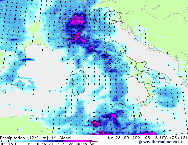 Precipitation (12h) UK-Global Mo 23.09.2024 18 UTC