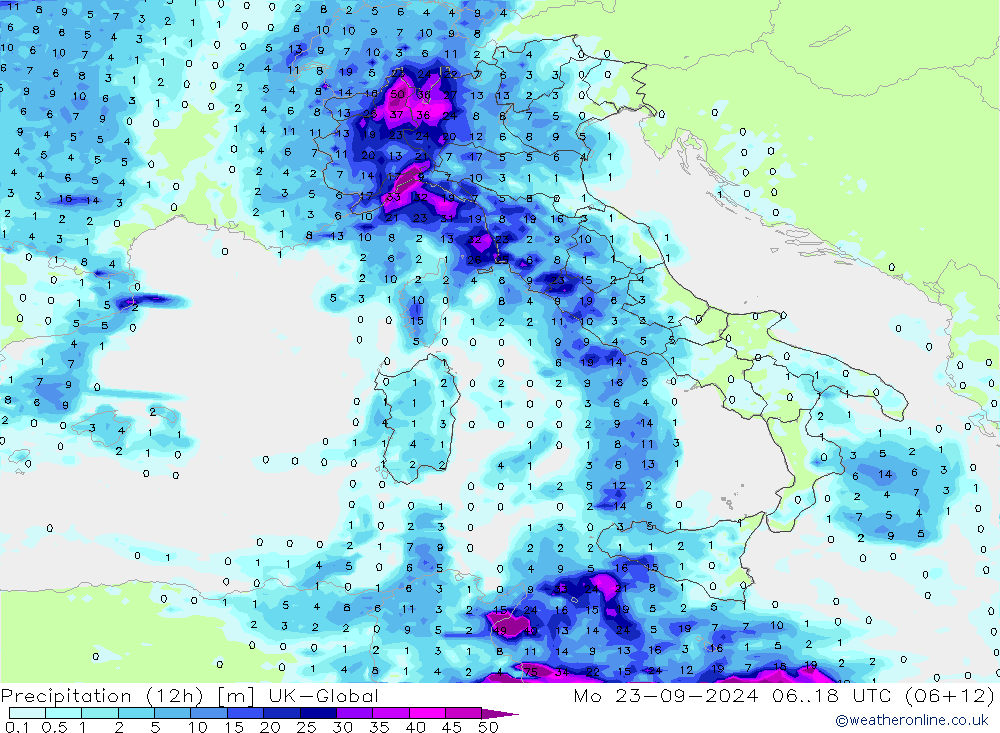 Precipitation (12h) UK-Global Mo 23.09.2024 18 UTC