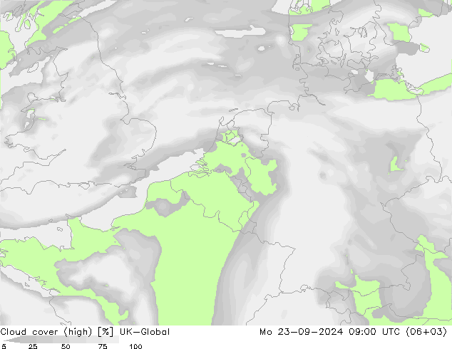 Cloud cover (high) UK-Global Mo 23.09.2024 09 UTC