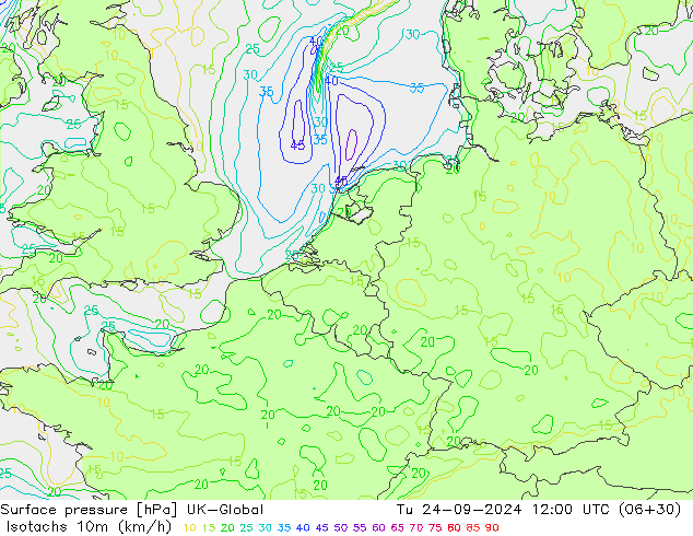 Isotachs (kph) UK-Global Út 24.09.2024 12 UTC