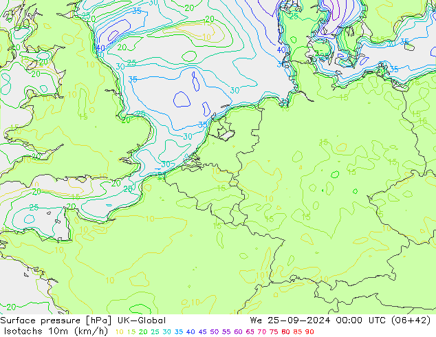 Isotachs (kph) UK-Global We 25.09.2024 00 UTC