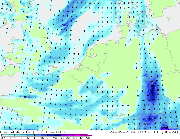 Precipitation (6h) UK-Global Tu 24.09.2024 06 UTC