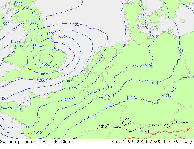 Surface pressure UK-Global Mo 23.09.2024 09 UTC