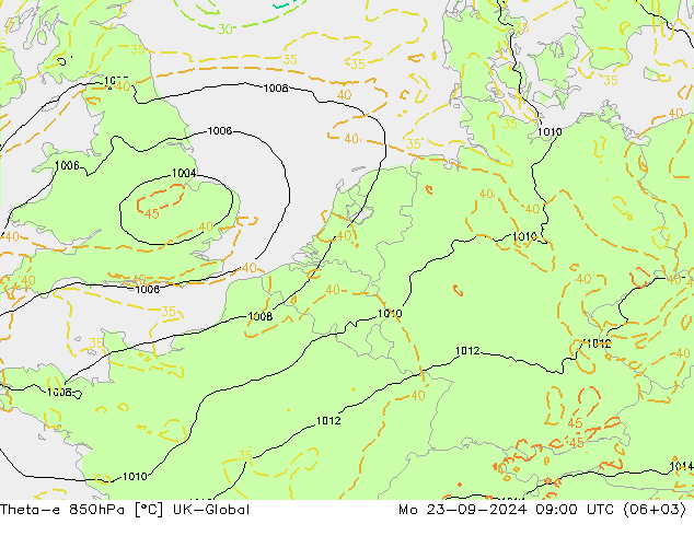 Theta-e 850hPa UK-Global Pzt 23.09.2024 09 UTC