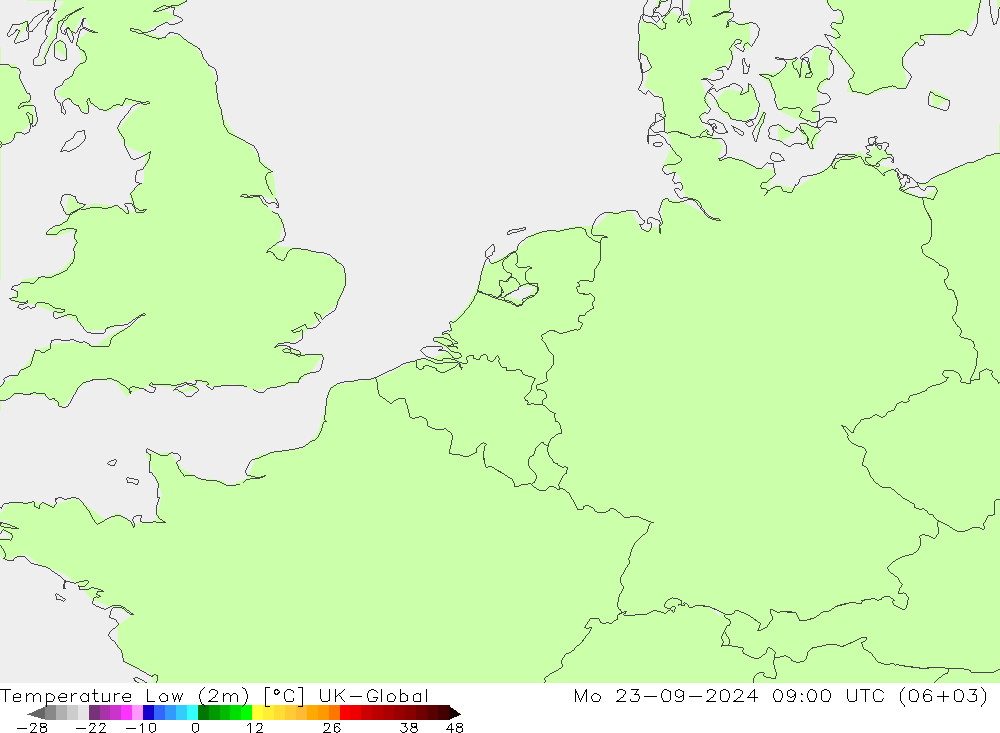 Tiefstwerte (2m) UK-Global Mo 23.09.2024 09 UTC