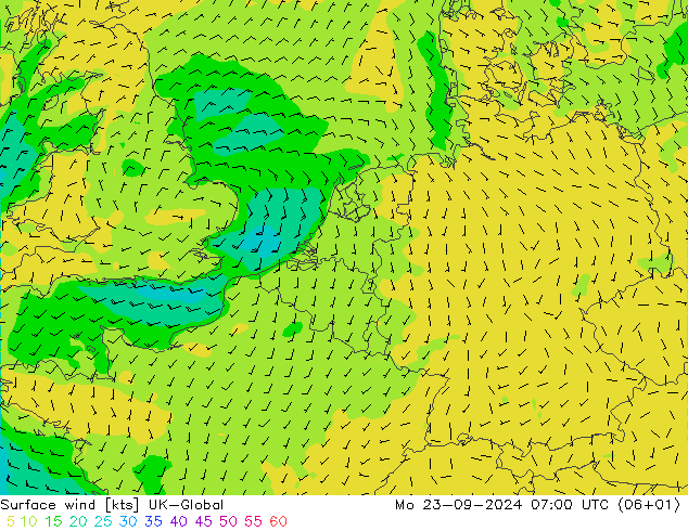 Surface wind UK-Global Mo 23.09.2024 07 UTC