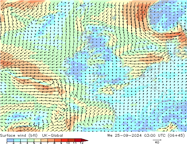 Surface wind (bft) UK-Global We 25.09.2024 03 UTC