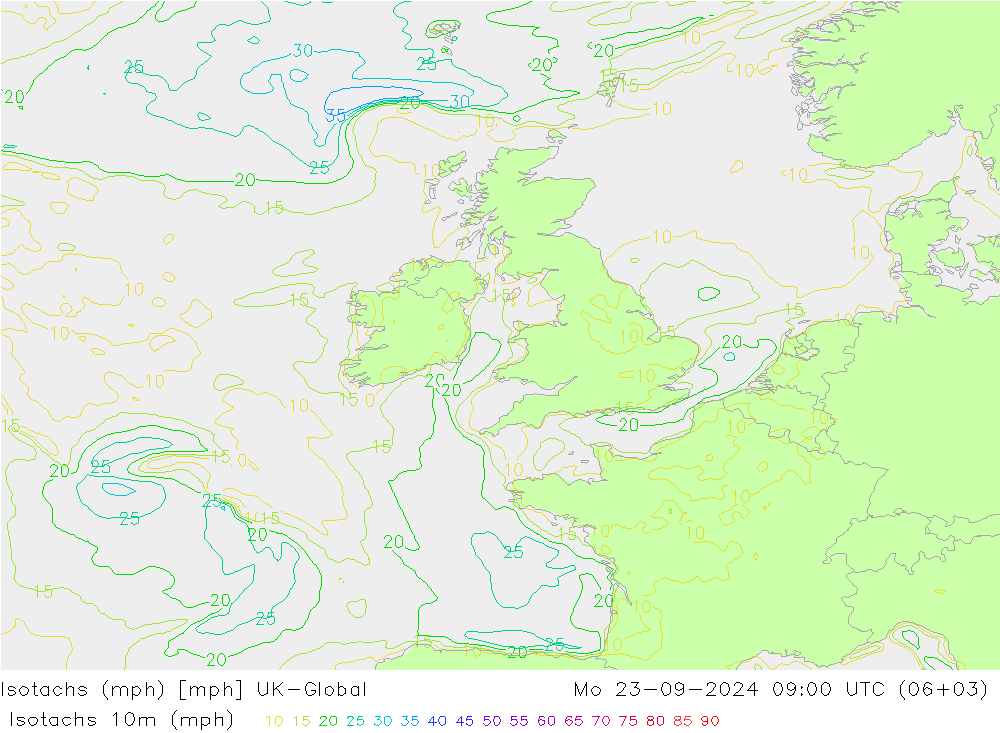 Isotachs (mph) UK-Global Po 23.09.2024 09 UTC