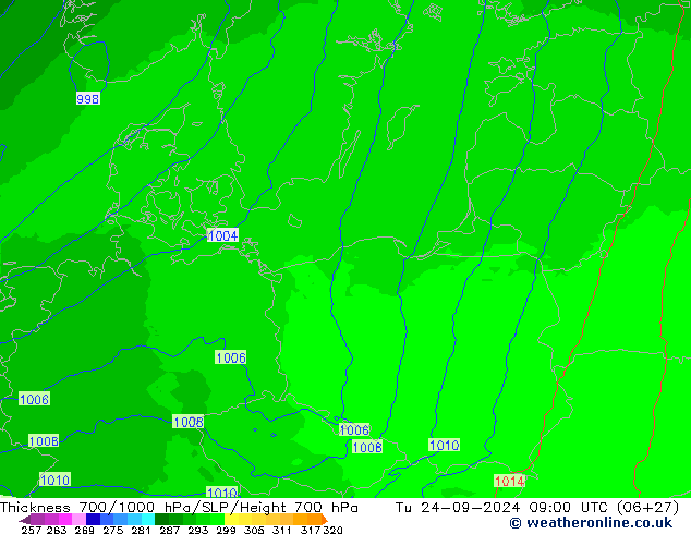 Dikte700-1000 hPa UK-Global di 24.09.2024 09 UTC