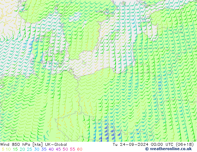 Wind 850 hPa UK-Global Tu 24.09.2024 00 UTC