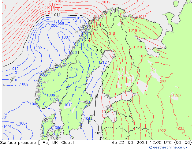 Surface pressure UK-Global Mo 23.09.2024 12 UTC