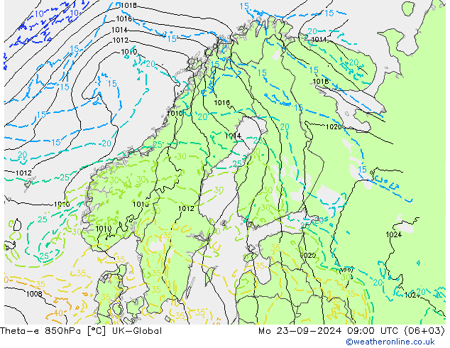 Theta-e 850hPa UK-Global lun 23.09.2024 09 UTC