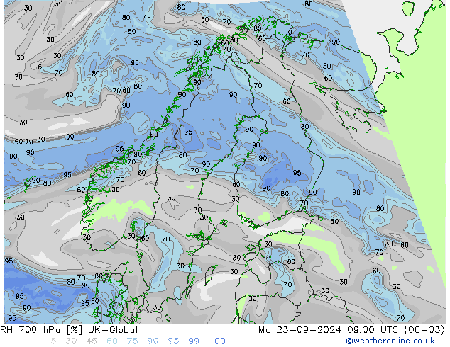 Humedad rel. 700hPa UK-Global lun 23.09.2024 09 UTC