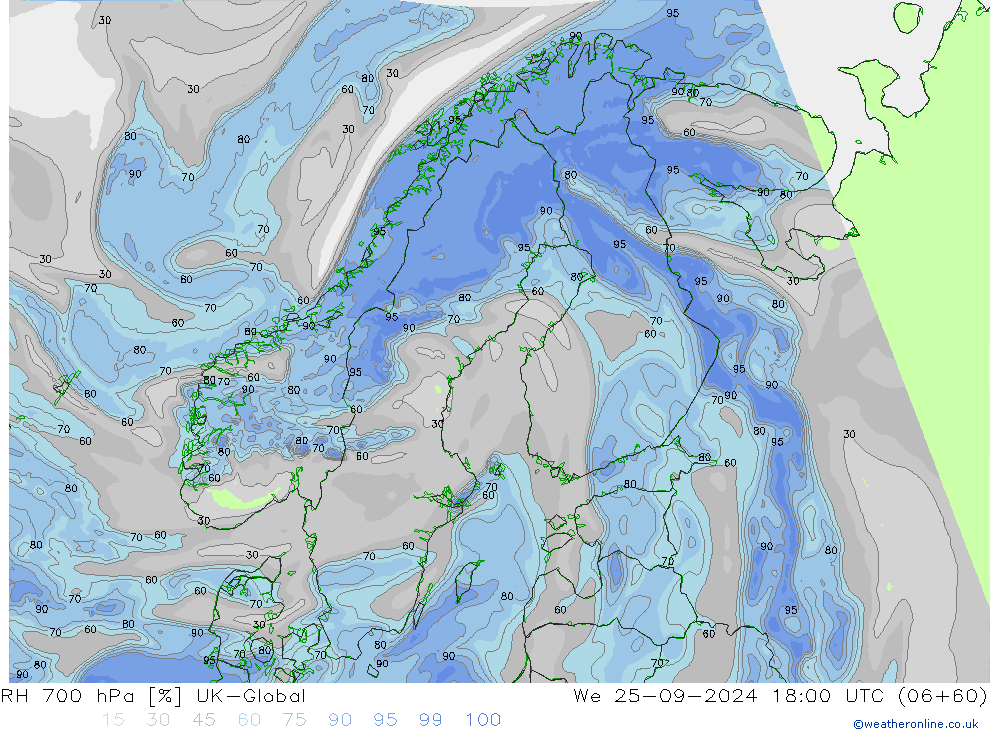 RH 700 hPa UK-Global We 25.09.2024 18 UTC