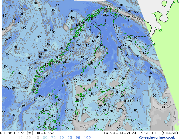 RH 850 hPa UK-Global Tu 24.09.2024 12 UTC