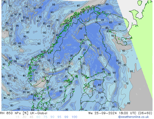 RH 850 hPa UK-Global We 25.09.2024 18 UTC