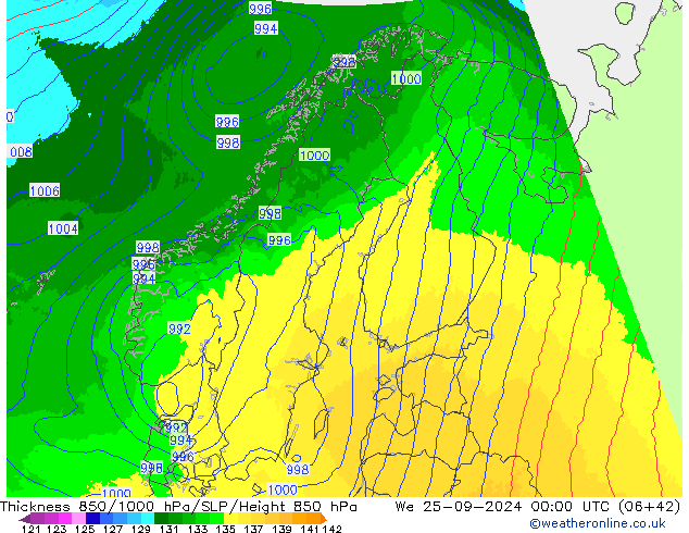 Espesor 850-1000 hPa UK-Global mié 25.09.2024 00 UTC