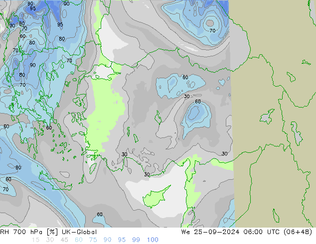 Humedad rel. 700hPa UK-Global mié 25.09.2024 06 UTC