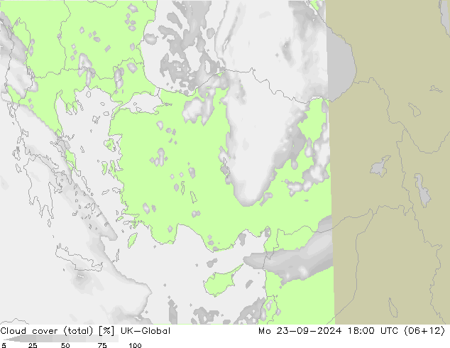 Cloud cover (total) UK-Global Po 23.09.2024 18 UTC