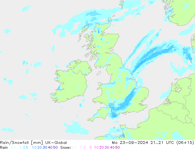 Rain/Snowfall UK-Global пн 23.09.2024 21 UTC